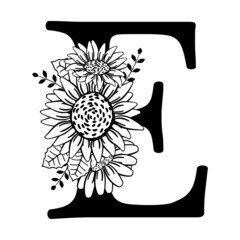 Capital letter E with flowers. Monogram, signature, title, screen caption. Black outline drawing. Vector illustration isolated on white background. Family logo, sign. Floral design, name initials.