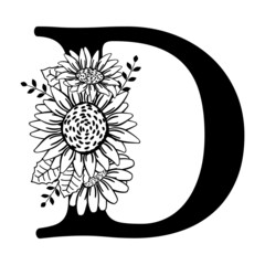 Capital letter D with flowers. Monogram, signature, title, screen caption. Black outline drawing. Vector illustration isolated on white background. Family logo, sign. Floral design, name initials.