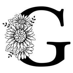 Capital letter G with flowers. Monogram, signature, title, screen caption. Black outline drawing. Vector illustration isolated on white background. Family logo, sign. Floral design, name initials.