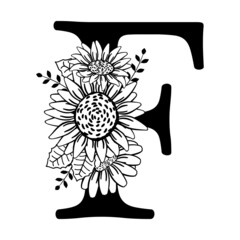 Capital letter F with flowers. Monogram, signature, title, screen caption. Black outline drawing. Vector illustration isolated on white background. Family logo, sign. Floral design, name initials.