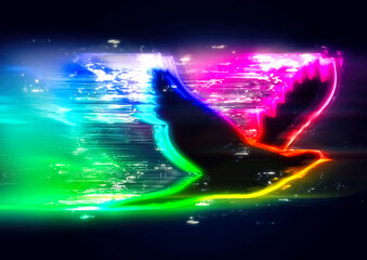 暗闇を羽ばたく光の鳥のイラスト