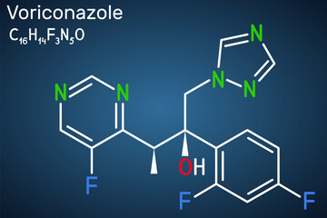 Voriconazole, molecule. It is triazole antifungal medication used to treat fungal infection. Structural chemical formula on the dark blue background