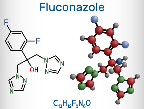 Fluconazole, molecule. It is triazole antifungal medication used to treat fungal infections, candidiasis. Structural chemical formula and molecule model