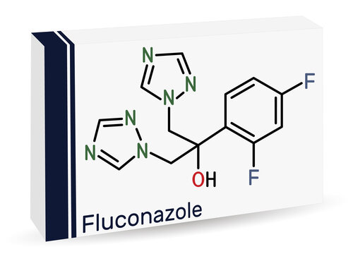 Fluconazole, molecule. It is triazole antifungal medication used to treat fungal infections, candidiasis. Skeletal chemical formula. Paper packaging for drugs