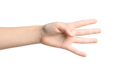 Child showing four fingers on white background