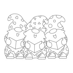 The dwarfs are singing Christmas carols. Coloring book page for kids. Cartoon style character. Vector illustration isolated on white background.