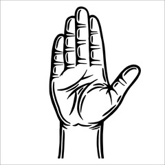 Male hand gestures. Human palm. Outline contour. Design element. Vector illustration isolated on white background. Template for books, stickers, posters, cards, clothes.