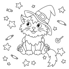 A fluffy cat in a witch hat sits and looks at candies and stars. Halloween theme. Coloring book page for kids. Cartoon style. Vector illustration isolated on white background.