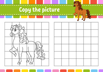 Cute horse. Farm animal. Copy the picture. Coloring book pages for kids. Education developing worksheet. Game for children. Handwriting practice. Coon character.
