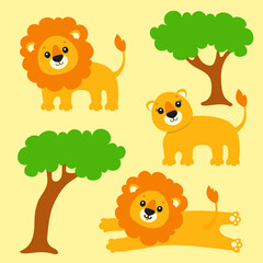 Cute lion. Wild animal. Cartoon character. Colorful vector illustration. Isolated on color background. Design element. Template for your design, books, stickers, cards.
