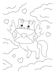 Cute cat with a love letter. Coloring book page for kids. Cartoon style character. Vector illustration isolated on white background. Valentine's Day.