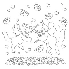 A couple of cats in love. Coloring book page for kids. Cartoon style character. Vector illustration isolated on white background. Valentine's Day.