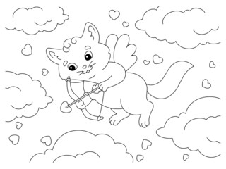 Cute cat cupid. Coloring book page for kids. Cartoon style character. Vector illustration isolated on white background. Valentine's Day.
