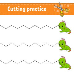 Cutting practice for kids. Education developing worksheet. Activity page. Color game for children. Isolated vector illustration. cartoon character. Animal theme.