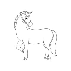 Magic fairy unicorn. Coloring book page for kids. Cartoon style character. Vector illustration isolated on white background.