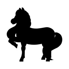 Cute horse. Farm animal. Black silhouette. Design element. Vector illustration isolated on white background. Template for books, stickers, posters, cards, clothes.