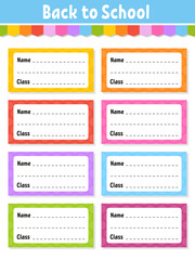 Back to school labels. Set stickers for notebook. Name and class. Bright stickers. Rectangular label. Color vector isolated illustration.