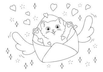 A cute kitten flies in an envelope with hearts. Coloring book page for kids. Valentine's Day. Cartoon style character. Vector illustration isolated on white background.
