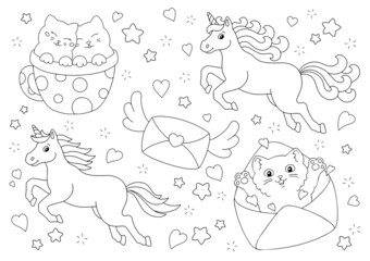 Lovely unicorns, cute cats, a flying envelope. Coloring book page for kids. Valentine's Day. Cartoon style character. Vector illustration isolated on white background.