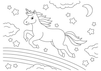 A beautiful unicorn jumps on a rainbow. Coloring book page for kids. Cartoon style character. Vector illustration isolated on white background. © PlatypusMi86