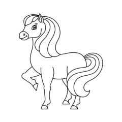 Cute horse. Farm animal. Coloring book page for kids. Cartoon style. Vector illustration isolated on white background.