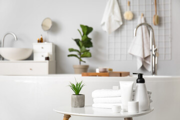 Set of cosmetic products, towels and plant on table in bathroom