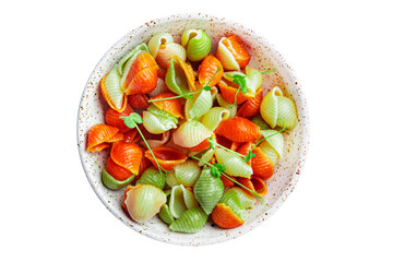 pasta conchiglie boiled colorful garnish ready to eat durum wheat healthy meal food snack on the table copy space food background rustic 