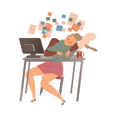 Tired sleepy female office worker or freelancer. Professional burnout syndrome, depressed person cartoon vector illustration