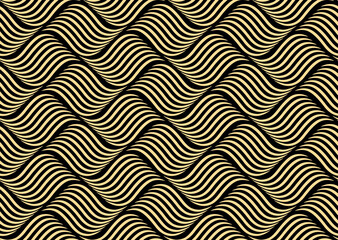 The geometric pattern with wavy lines. Seamless vector background. Gold and black texture. Simple lattice graphic design
