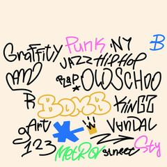 Abstract graffiti poster with colorful tags, paint splashes, doodles and fragments. A collection of street art backgrounds. Art covers in the style of hand-drawn graffiti. Vector illustration