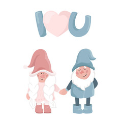 Couple of cute Gnomes in love. Illustration with phrase – I Love You. Love, Romantic and Valentine’s Day concept. Romantic decoration elements for design, greeting card, posters, postcard