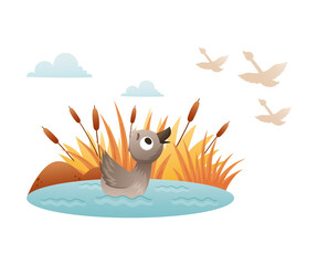 Lonely duckling swimming in the pond in autumn. Ugly duckling fairy tale cartoon vector illustration - obrazy, fototapety, plakaty