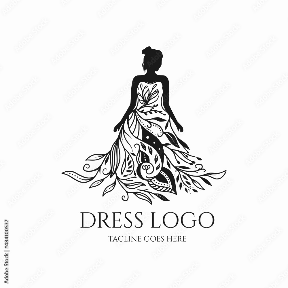 Wall mural dress logo vector, bride icon silhouette, beauty dress with flower design - Wall murals