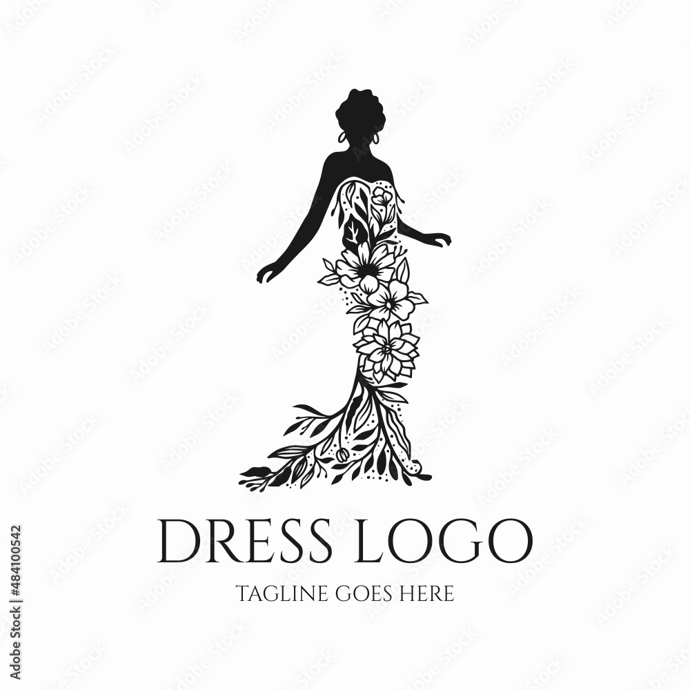 Wall mural dress logo fashion vector with flower, beauty dress, wedding silhouette