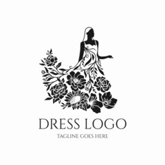 Dress logo vector, beauty design icon, dress with flower  silhouette, wedding icon