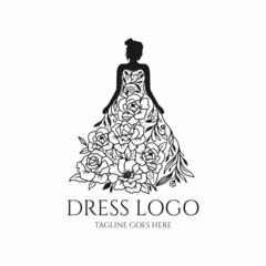 Dress logo vector, bride illustration, dress with flower silhouette, wedding design icon
