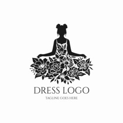 Dress logo vector,beauty dress with flower design silhouette, wedding illustration