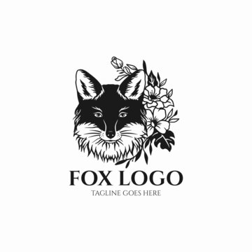 fox logo design vector illustration, head fox with flower silhouette icon 