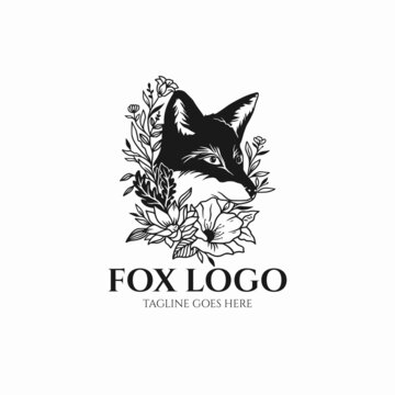 black and white fox logo vector, head fox with flower design 