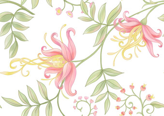 Herlioza decorative flowers and leaves in art nouveau style, vintage, old, retro style. Seamless pattern, background. Vector illustration.