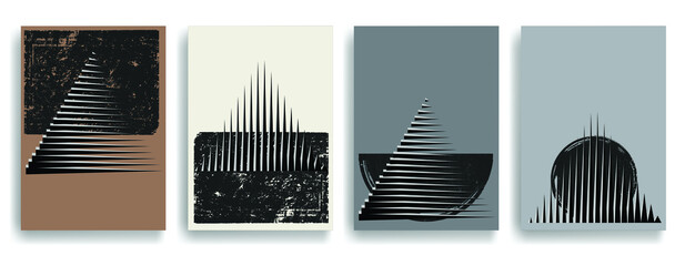 Modern posters with minimalist design elements . Grunge textured shapes in Boho art style . Wall art , home deco . Vector abstract shape. Modern art . Contemporary poster set .