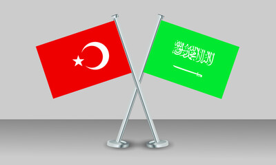 Crossed flags of Türkiye (Turkey) and Saudi Arabia. Official colors. Correct proportion. Banner design
