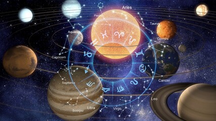 Zodiac signs inside of horoscope circle. Astrology in the sky with many stars horoscopes concept.