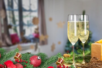 A champagne on a background decorated for New Years celebration