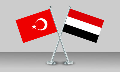 Crossed flags of Türkiye and Yemen. Official colors. Correct proportion. Banner design
