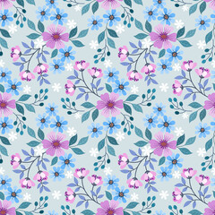 Colorful hand draw cute purple and blue flowers seamless pattern.