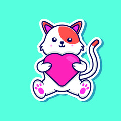Cute White Cat Sticker with Heart
