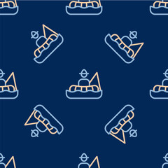 Obraz premium Line Fisherman sitting in a boat and fishing with a rod icon isolated seamless pattern on blue background. Vector