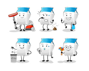 milk cleaning group character. cartoon mascot vector
