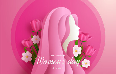 Women's day background with beautiful woman and flowers illustration.